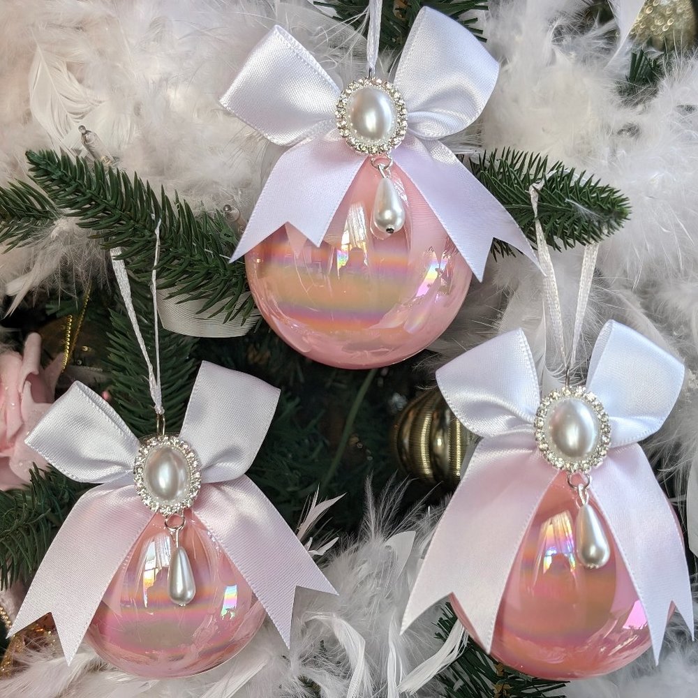 Pink Glass Christmas Ornaments Jewels Bows Set 3 Shabby Chic Victorian H…